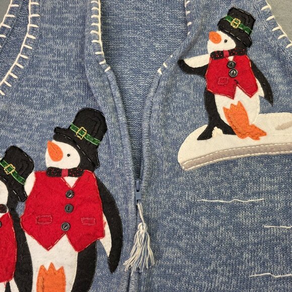 Vintage Heirloom Collectibles Sweater Vest Women M Blue Zip Penguin Ugly Holiday - Picture 5 of 10